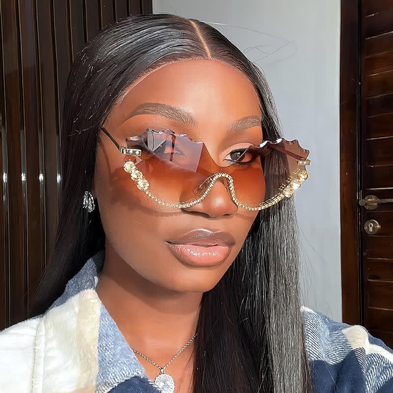 Spykay™ SG60838 Rhinestone Decor Wave Frame Oversized Rimless Sunglasses