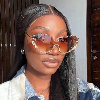 Spykay™ SG60838 Rhinestone Decor Wave Frame Oversized Rimless Sunglasses