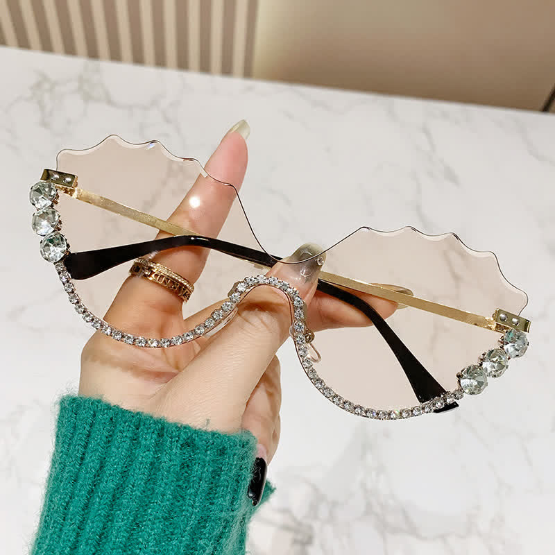 Spykay™ SG60838 Rhinestone Decor Wave Frame Oversized Rimless Sunglasses