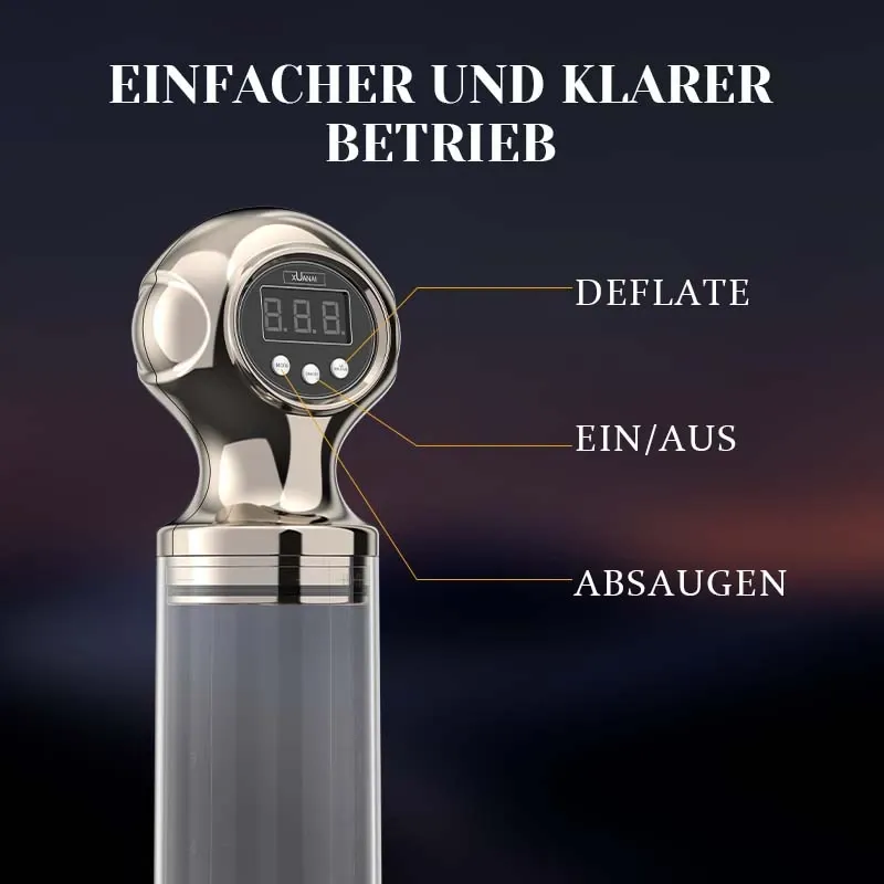 Elektrische Penispumpe mit starker Saugkraft und Ein-Knopf-Entlüftung.