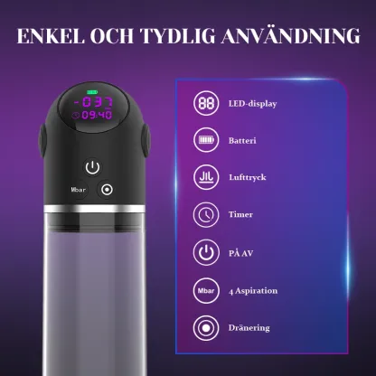 Stor Digital Penispump med 4 Sugningar och Enkelt Utlösningssystem