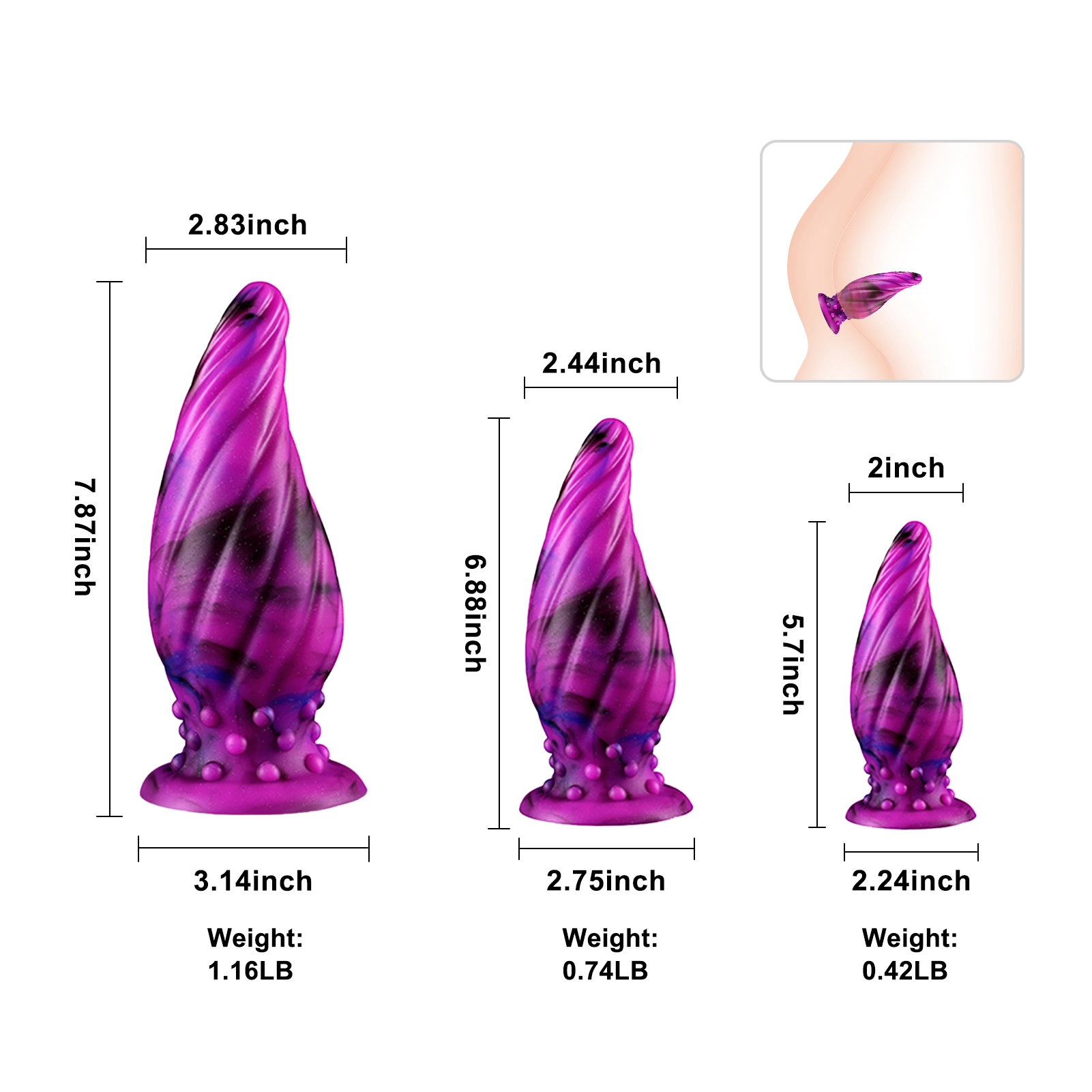 3 Delars 3 Storlekar Lila Silikon Buttplugg Set