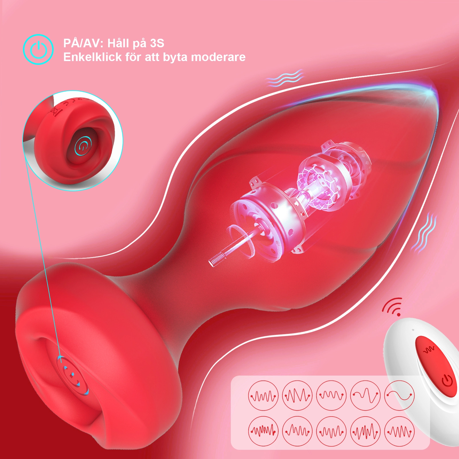 4-delars buttpluggset med fjärrkontroll och 10 vibrationslägen