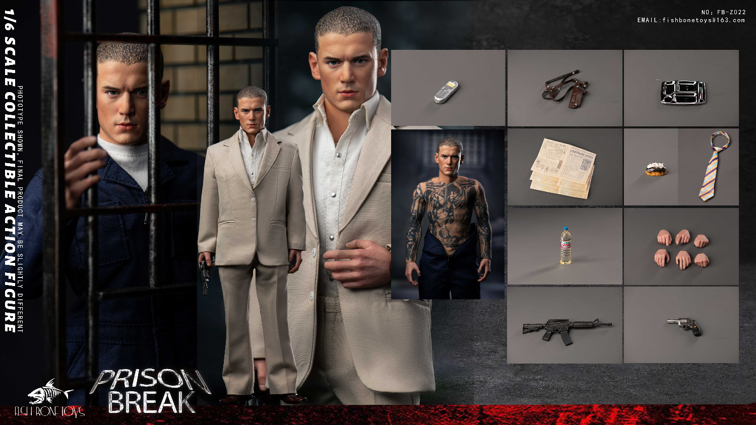 FISH BONETOYS - Prison Break Michael & tbag & Double set & Magnetic Opening and Closing Prison Scene 1/6 scale action figure FB-Z022/23/24/25
