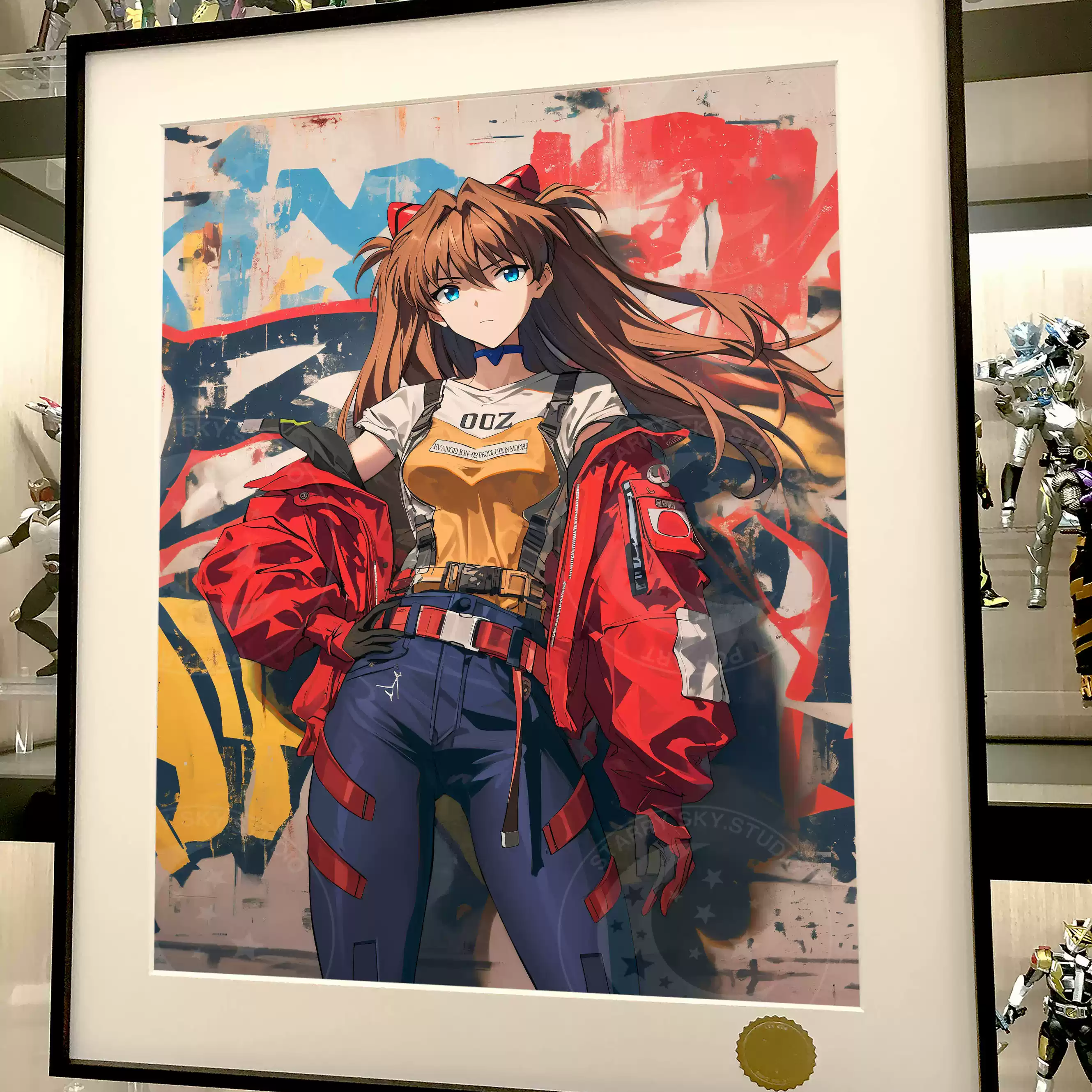 Decorative painting of Asuka with graffiti style in the starry sky and Evangelion Unit-02 from Neon Genesis Evangelion