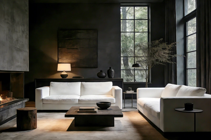 Moody Retreat Living Room with White Sofa