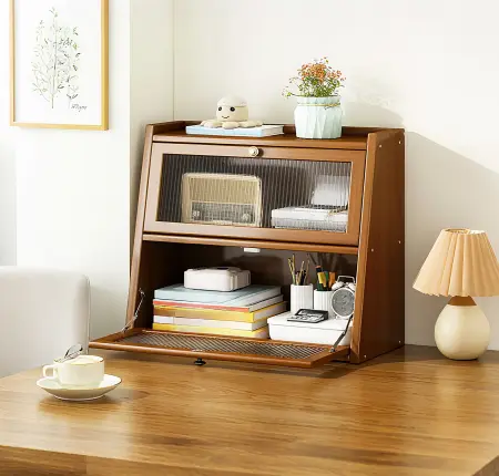 Compact Step Bookcase with Glass Doors on table
