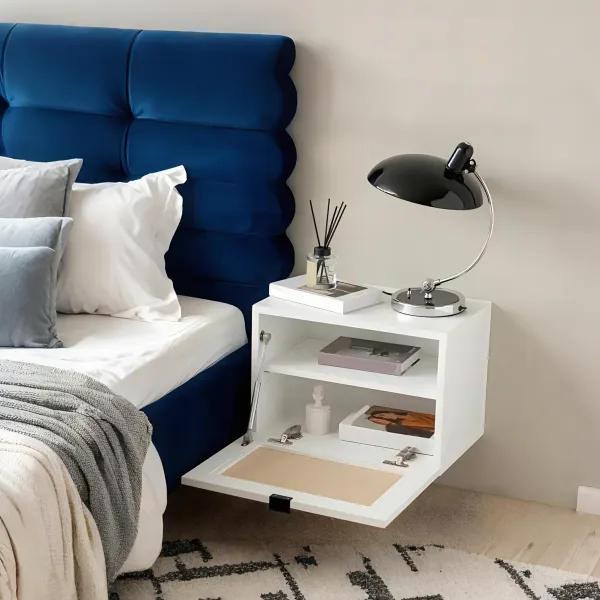 Wooden Floating Nightstand with Drop-Down Door