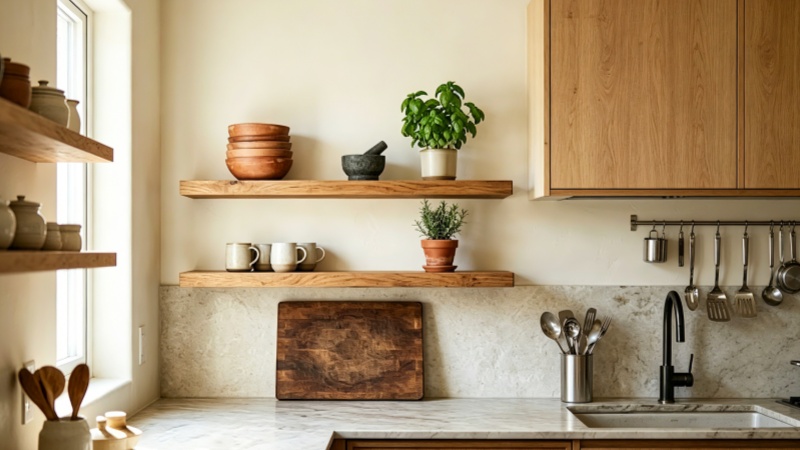 Swap Upper Cabinets for Open Wood Shelving