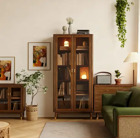 Antique Ash Wood Glass Door Bookcase