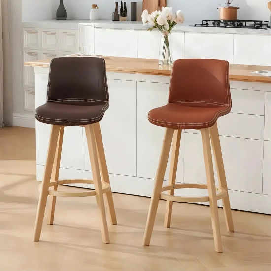 Modern Wooden Bar Stools with Cushioned Backrest for Kitchen Image - 3