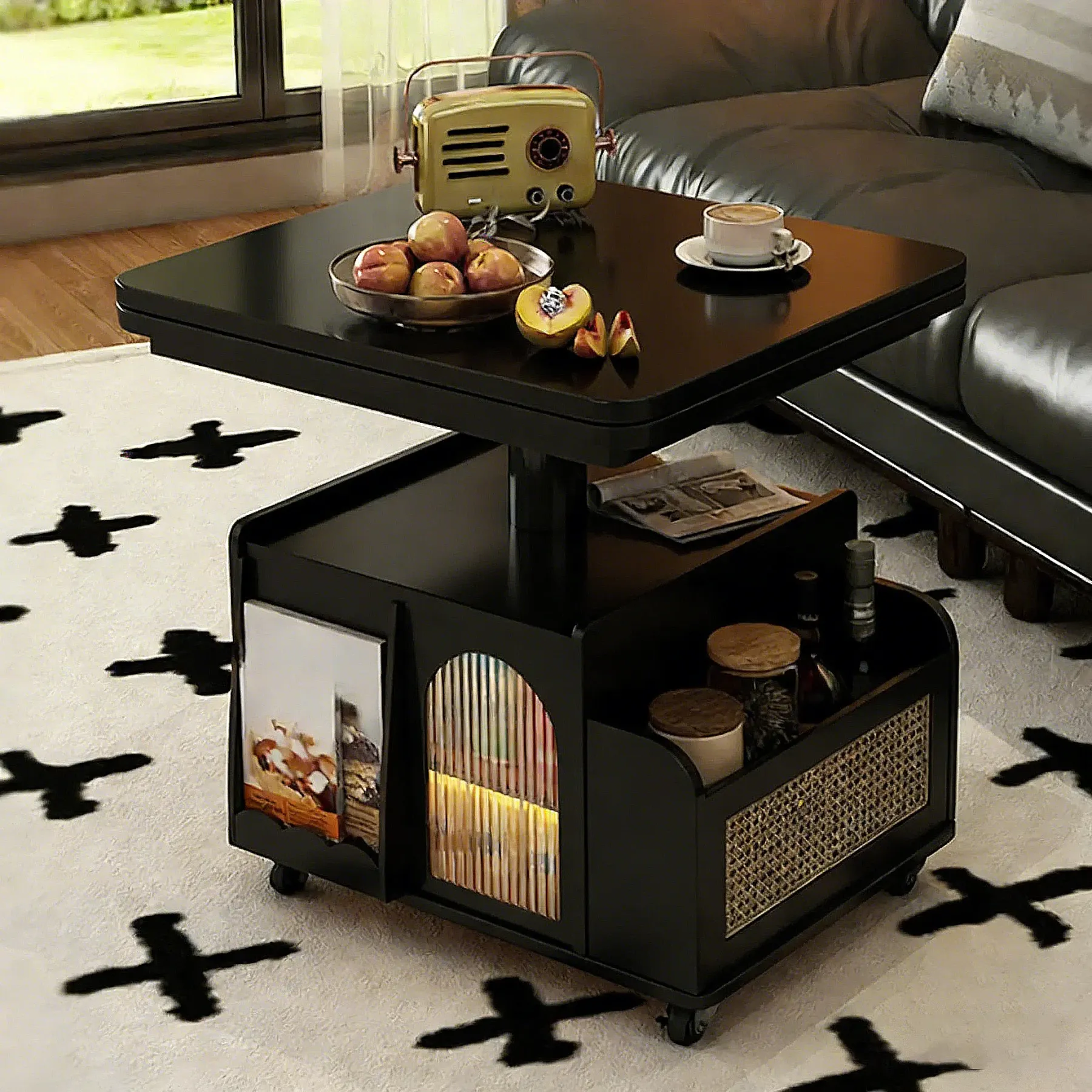 Nut Brown Lift Top Modern Wagon Wheel Wood Coffee Table