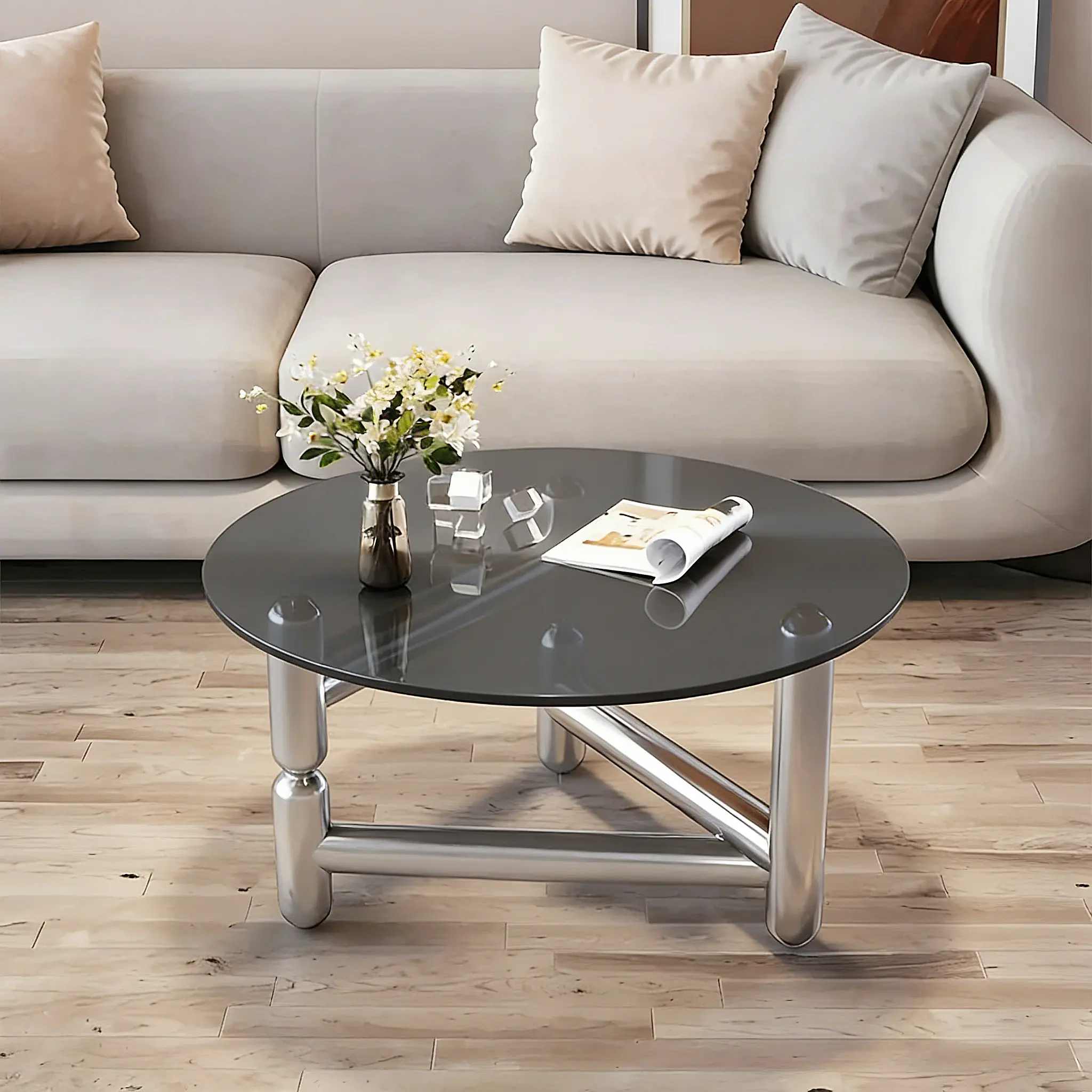 Round Glass Top Coffee Table with Stainless Steel Base | homeyfad