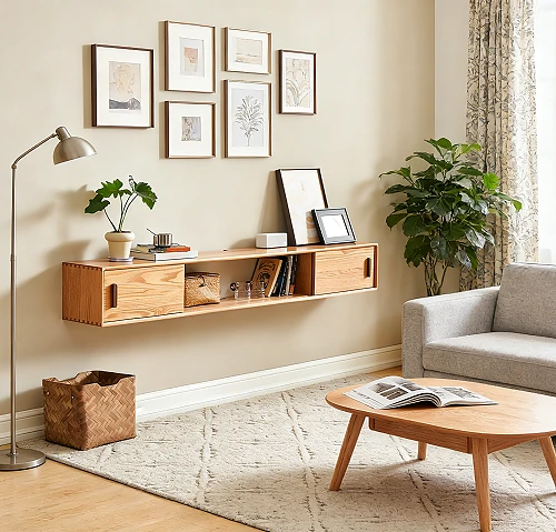 Natural Wood Wall Mount TV Stand Entertainment Center