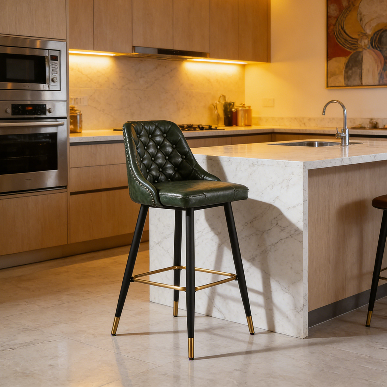 Mid Century Modern Tufted Back Counter Stools Oil Wax Leather  | homeyfad