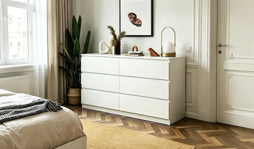 Minimalist White Wooden Bedroom Dresser