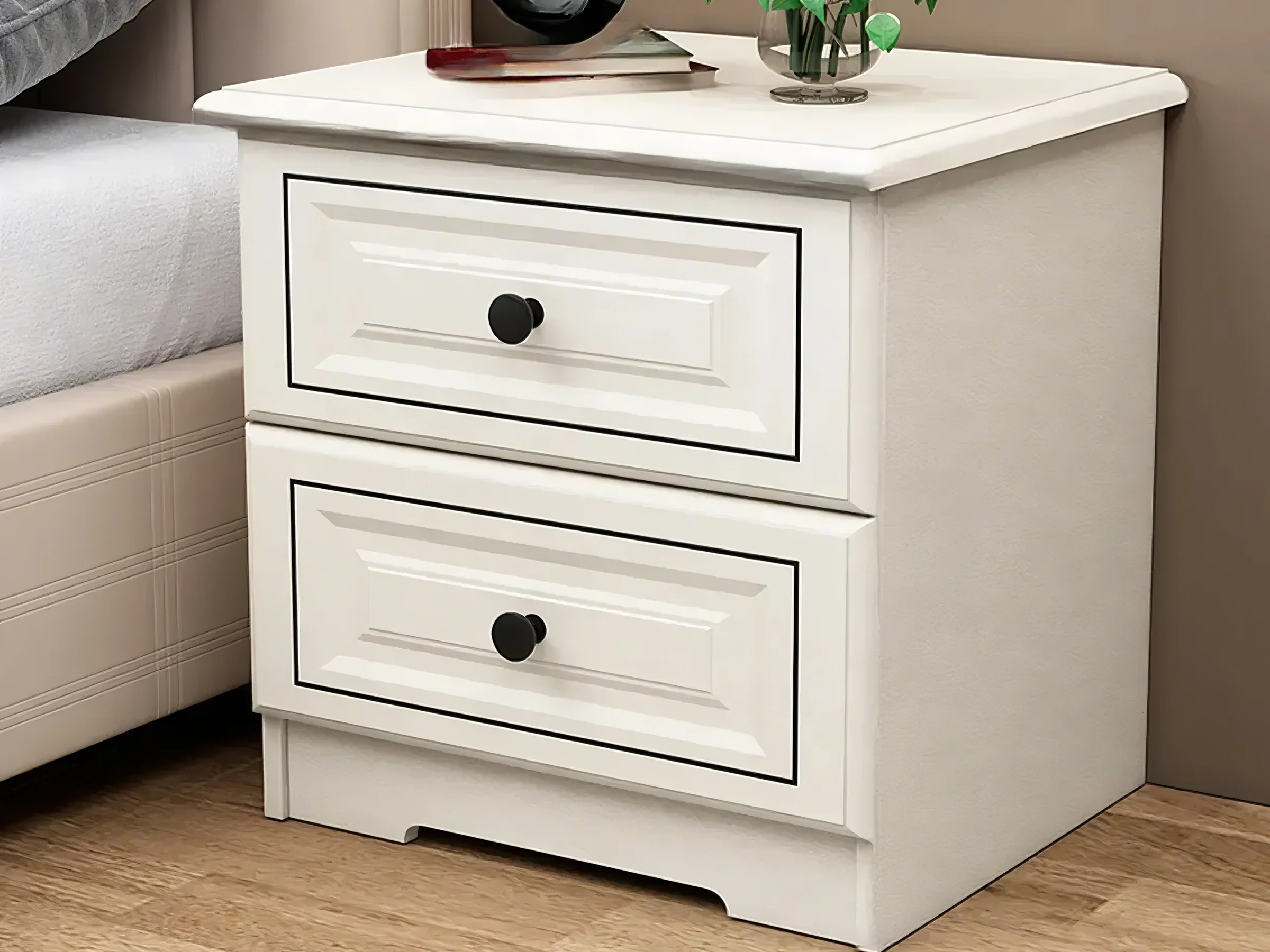 Modern White Wooden Nightstand with Two Drawers