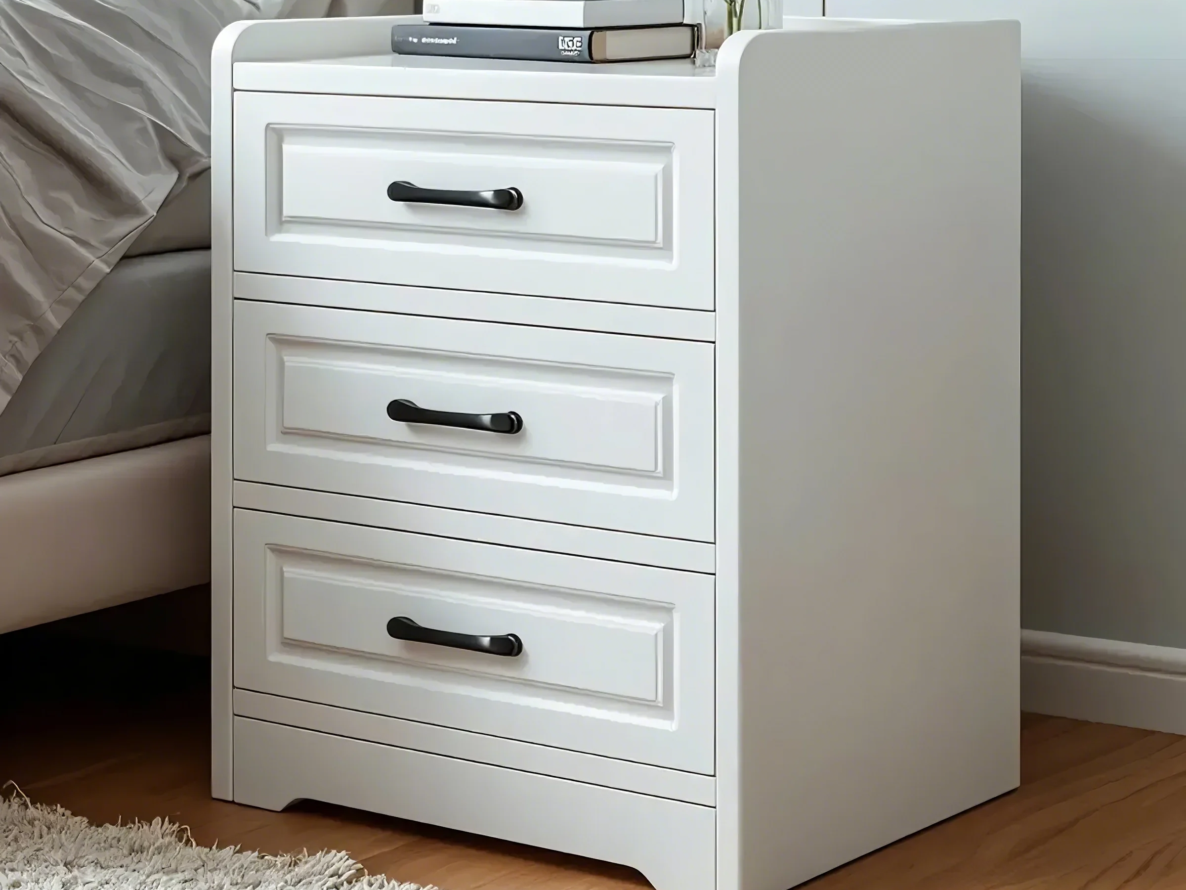 Modern White Wooden Bedside Table with 3 Drawers