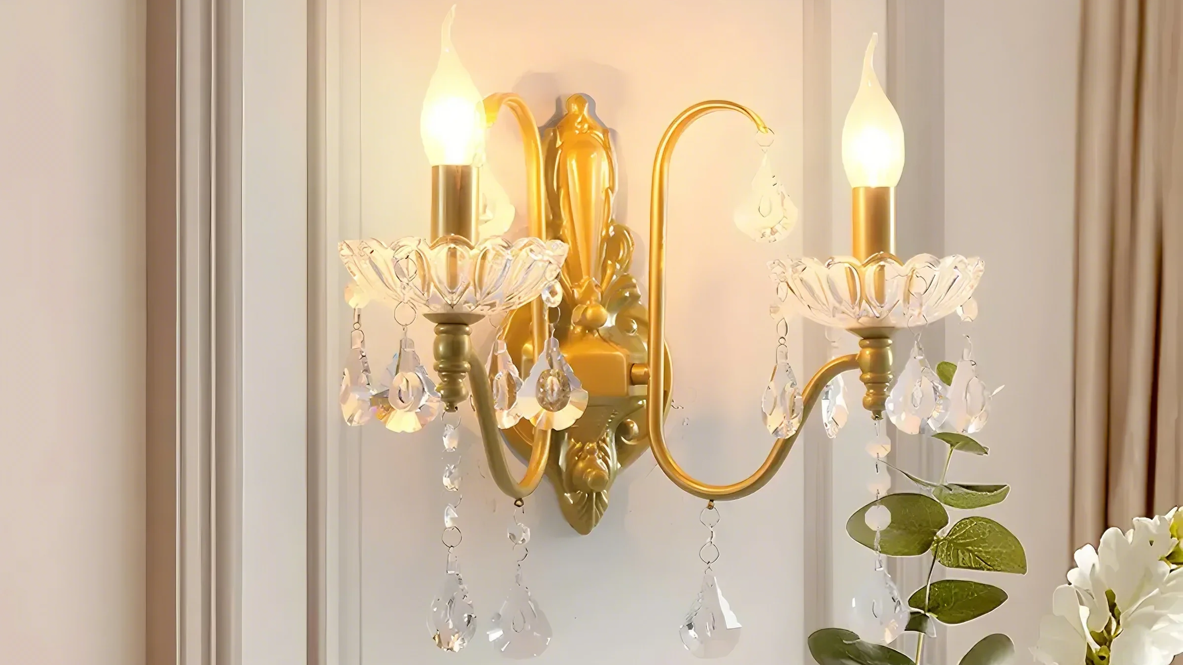 Vintage Crystal Brass Candle Wall Sconce for Bedroom Decor 