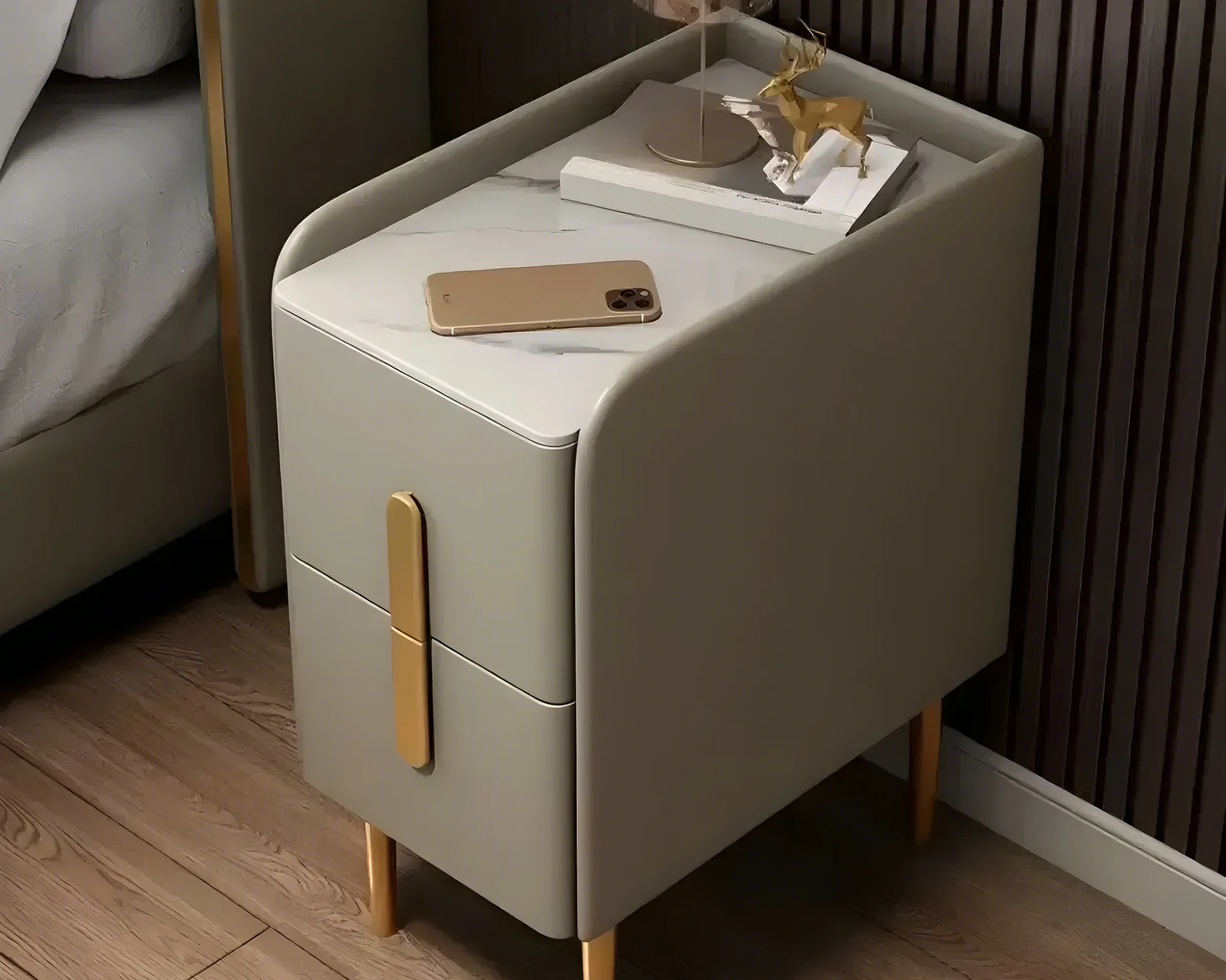 White Narrow Faux Leather Nightstand with Marble Top 2 Drawers