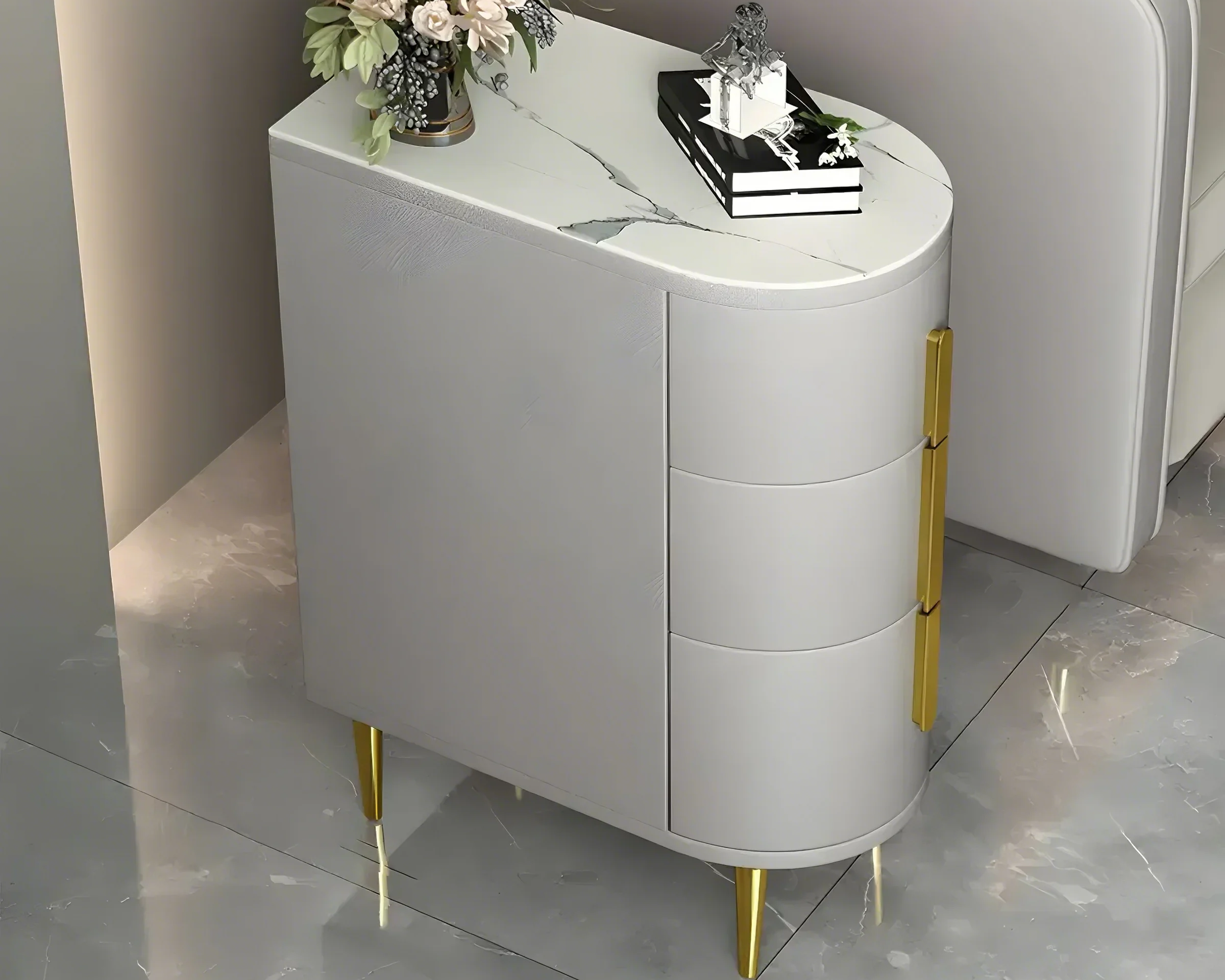 Modern Narrow Bedside Table with Marble Top 3 Drawers