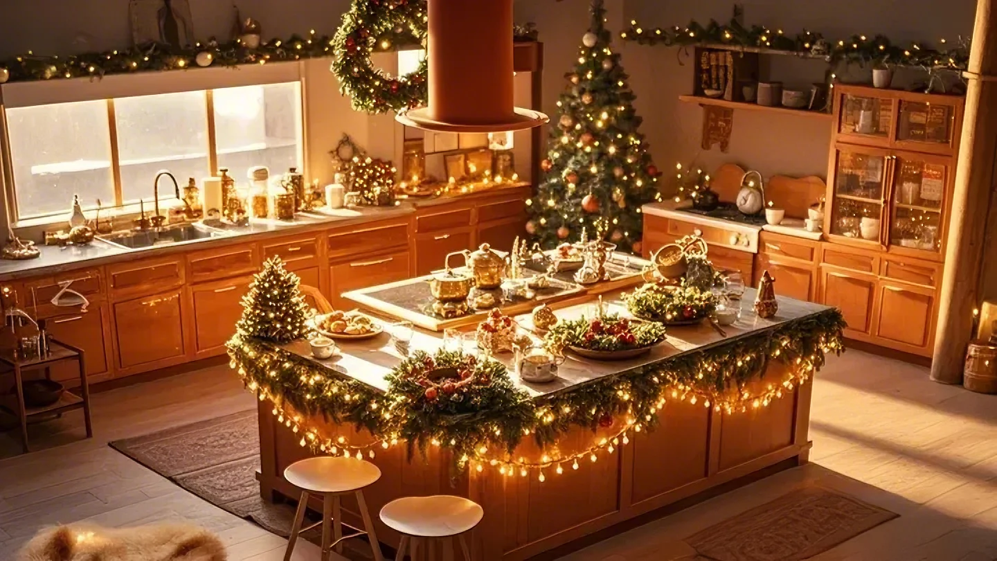 Artificial Garland and String Lights Around Your Kitchen Island
