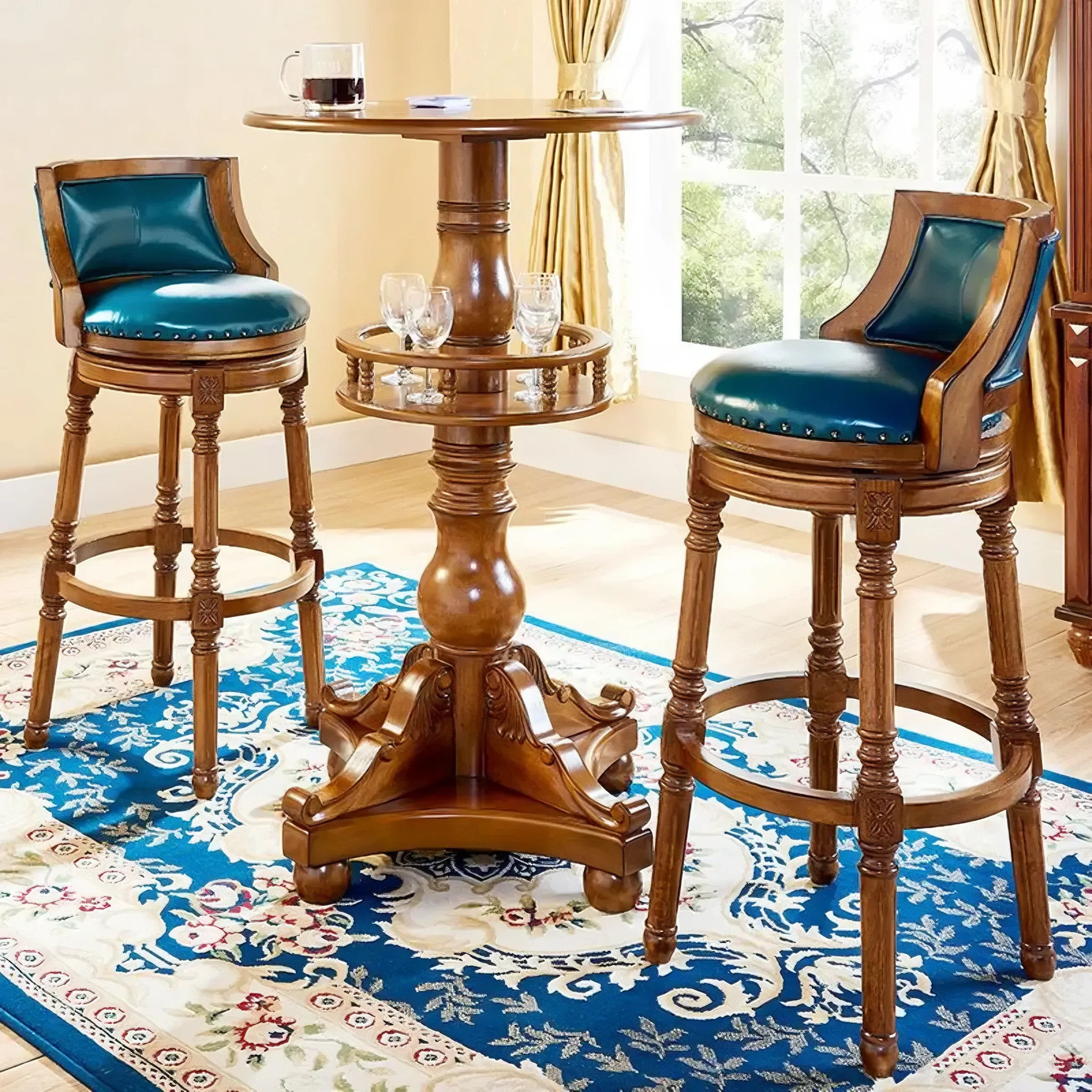 Traditional Blue Faux Leather Swivel Round Bar Stools