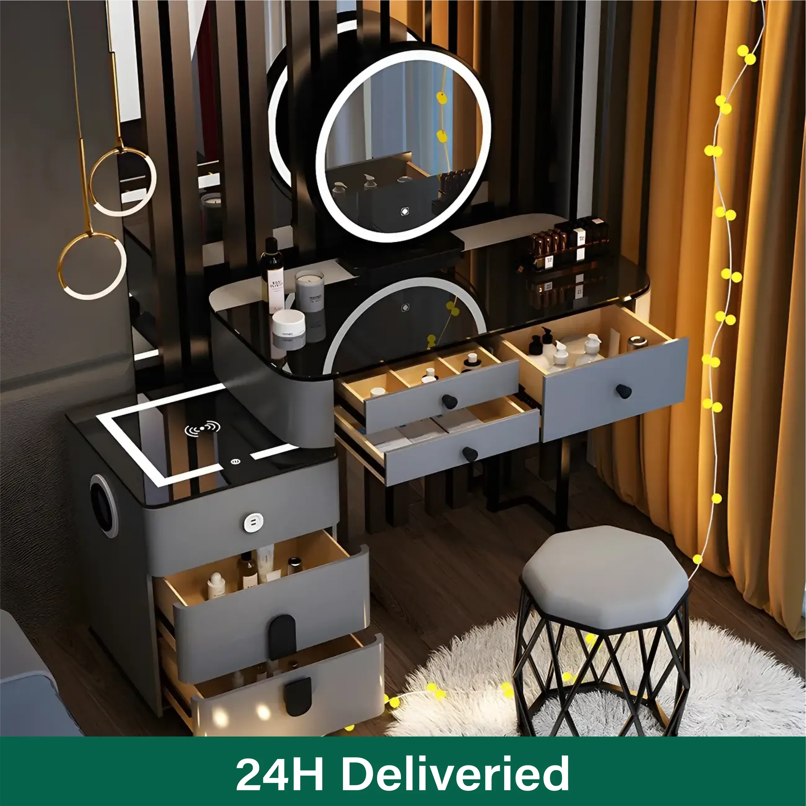 Grey Bear Shape Makeup Vanity Set with Lighted Mirror | homeyfad