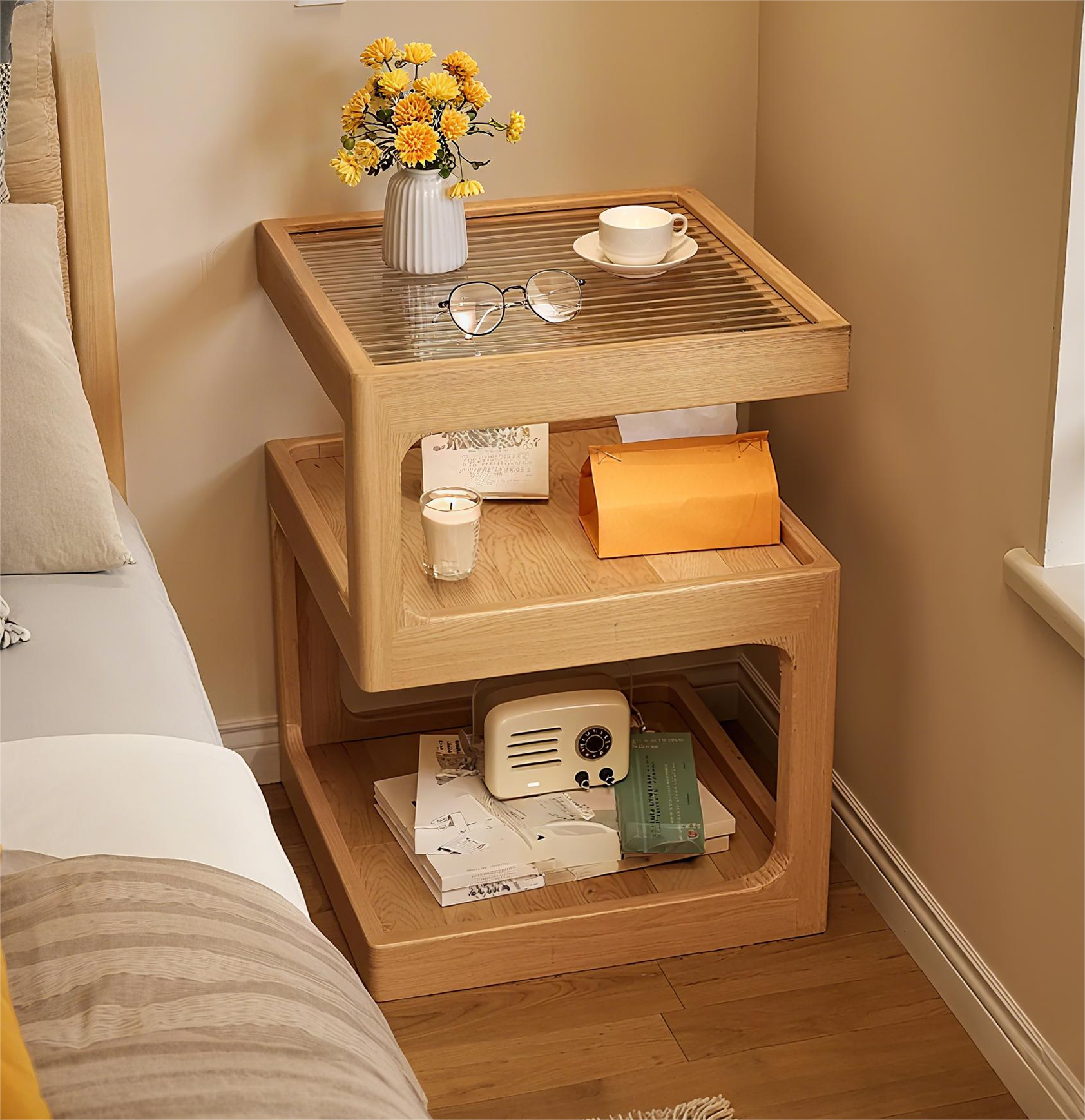 Wood Nightstand with Glass Top