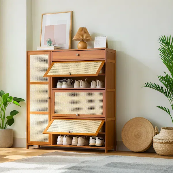 Wood Shoe Cabinet with Cane Doors