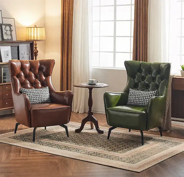 Oiled Leather Tufted Wingback Accent Chair