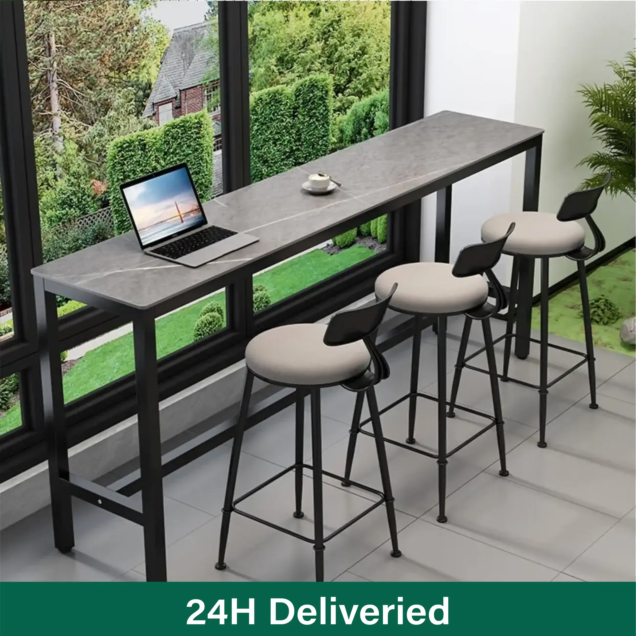 Modern Grey Stone Top Bar Height Table with Trestle Base | homeyfad