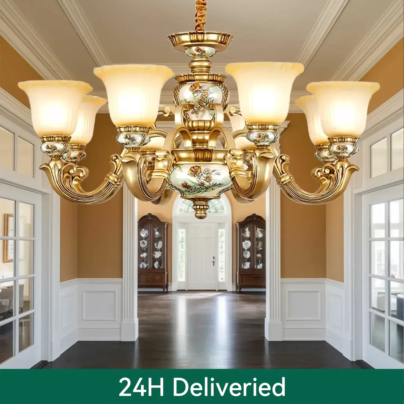 Antique Gold Ceramic Chandelier with Frosted Glass Bell Shape | homeyfad