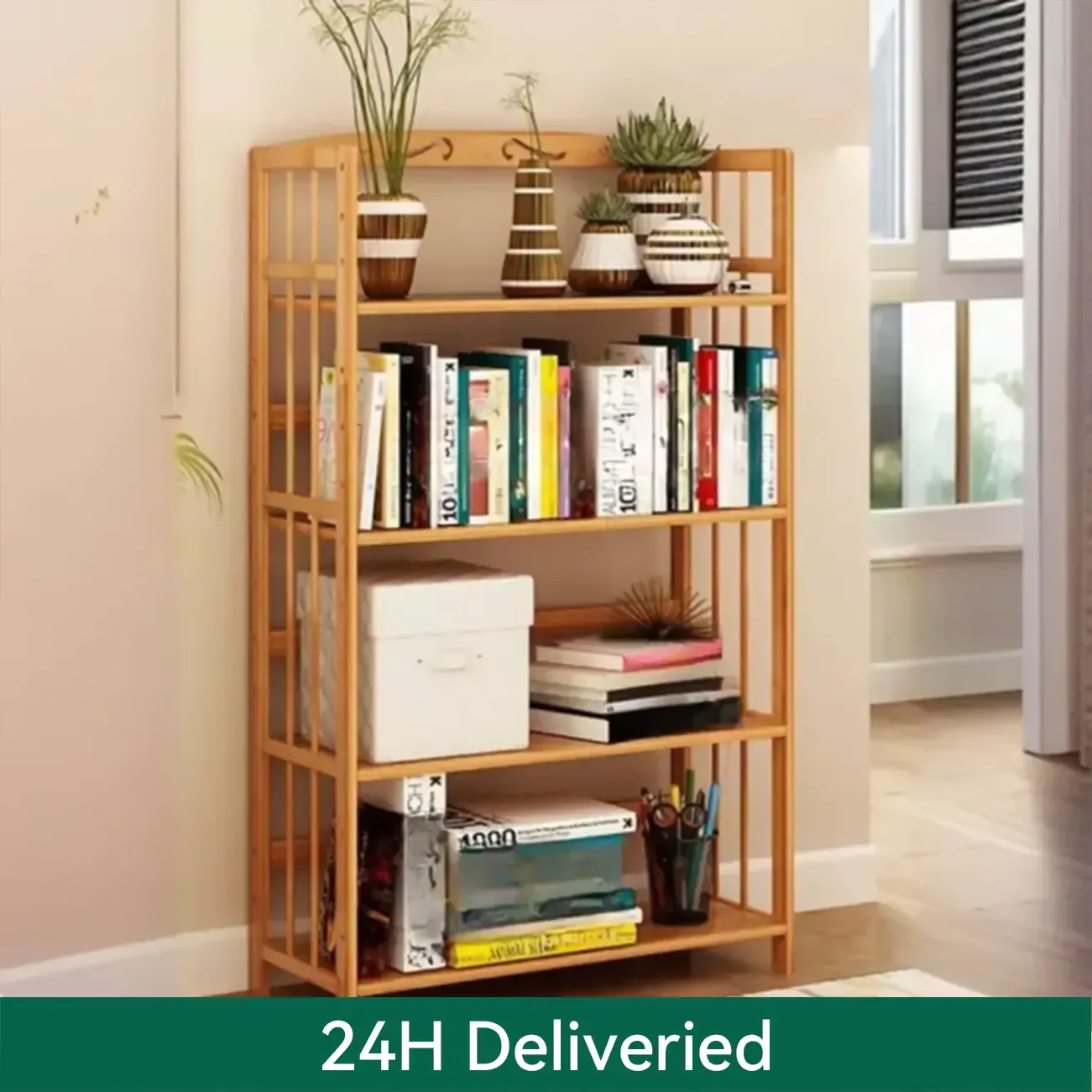 Elegant Nutural Bamboo Vertical Open Back Bookcase