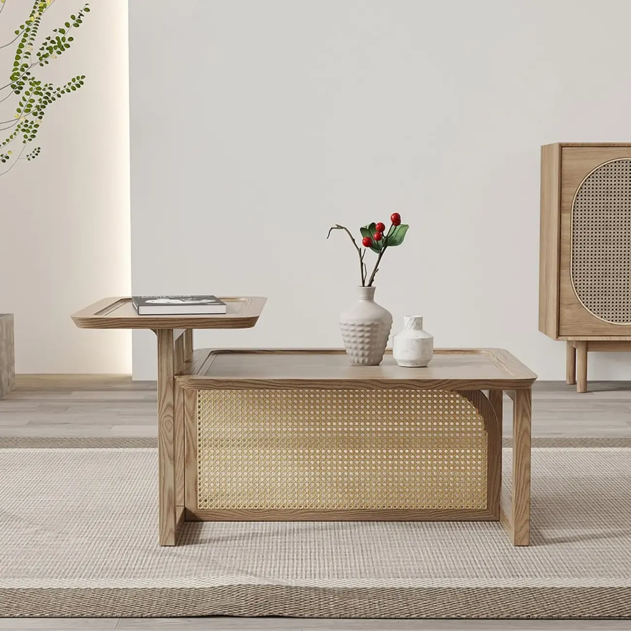 Coffee Table Set in Ash Wood and Rattan with Nesting Design Image - 4
