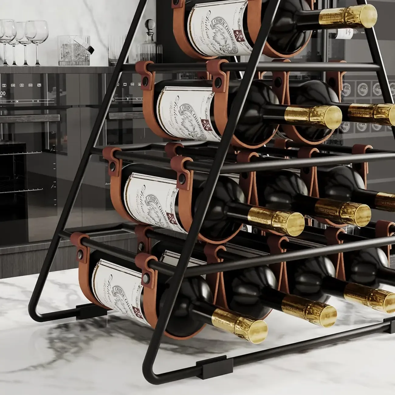 Industrial Black Metal Countertop Triangle 10 Bottles Wine Rack Holder Image - 4