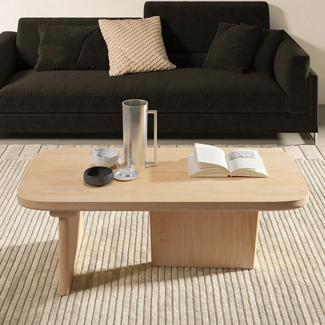 Japandi Rectangle Solid Wood Coffee Table in Natural Finish Image - 4 | homeyfad