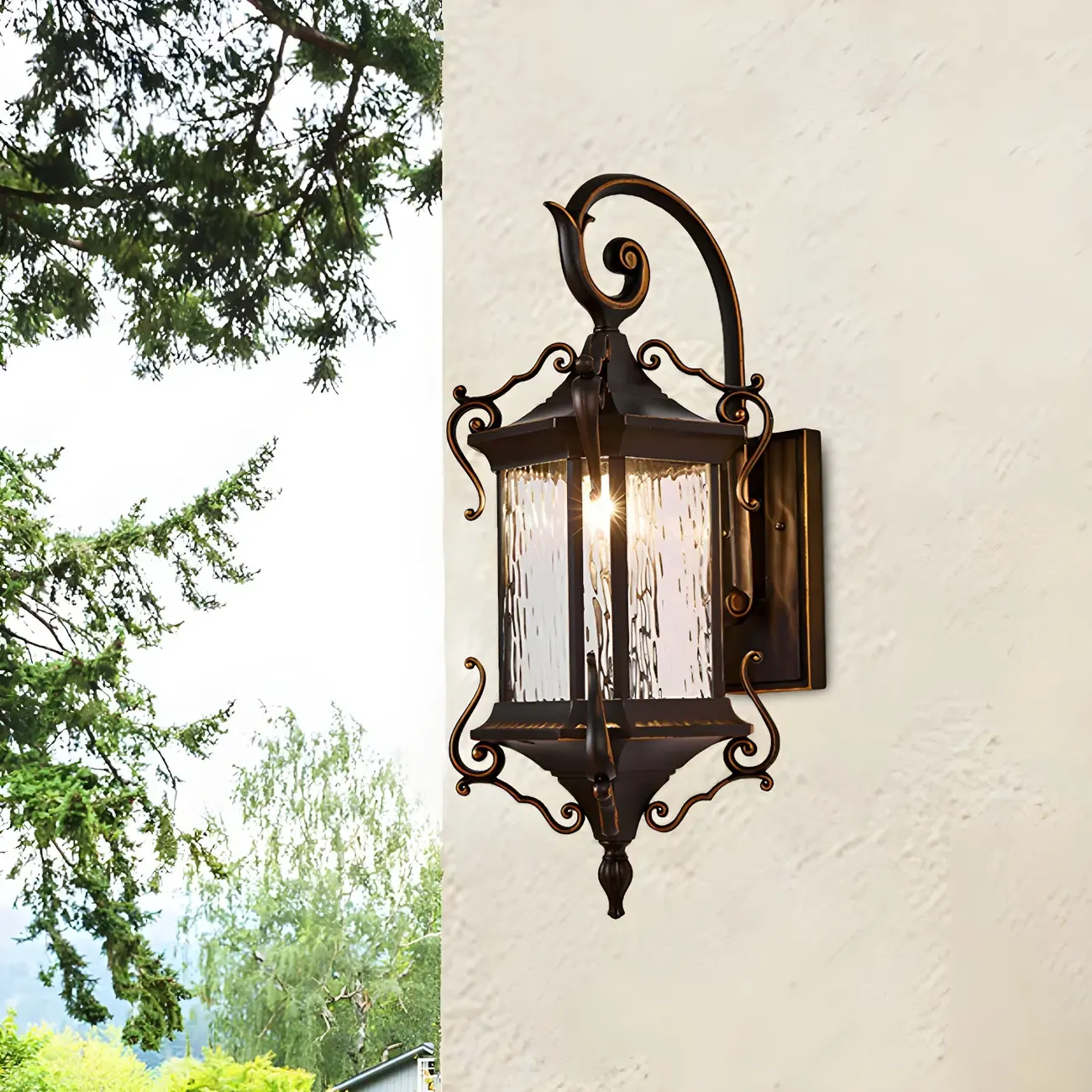 Water Glass Coffee Wall Light Lantern Single Bulb Rural Wall Sconce Lamp with Metal Scrolled Arm Image - 2