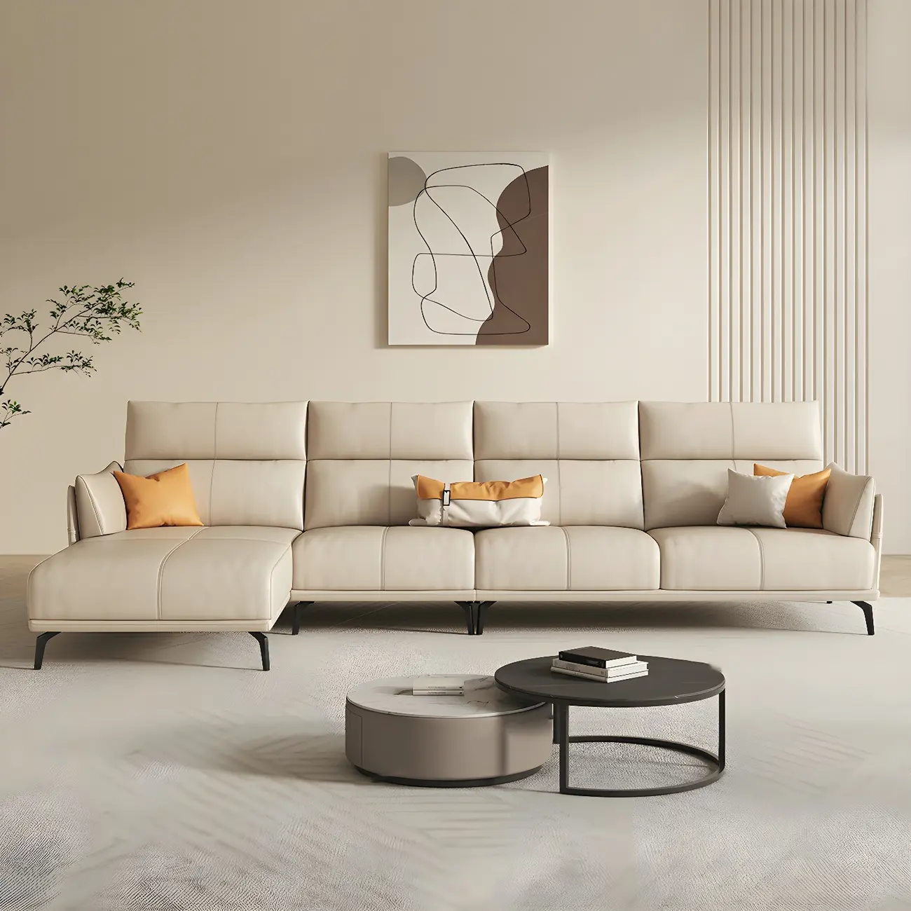 Modern Khaki Leather Sectional Sofa with Latex Seat Fill Image - 1 | homeyfad
