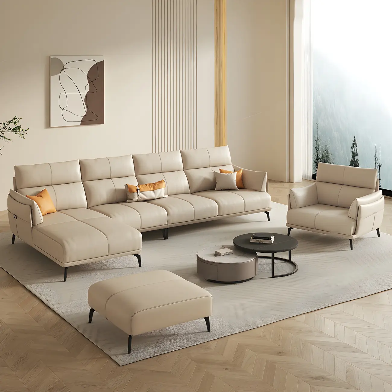 Modern Khaki Leather Sectional Sofa with Latex Seat Fill Image - 2 | homeyfad