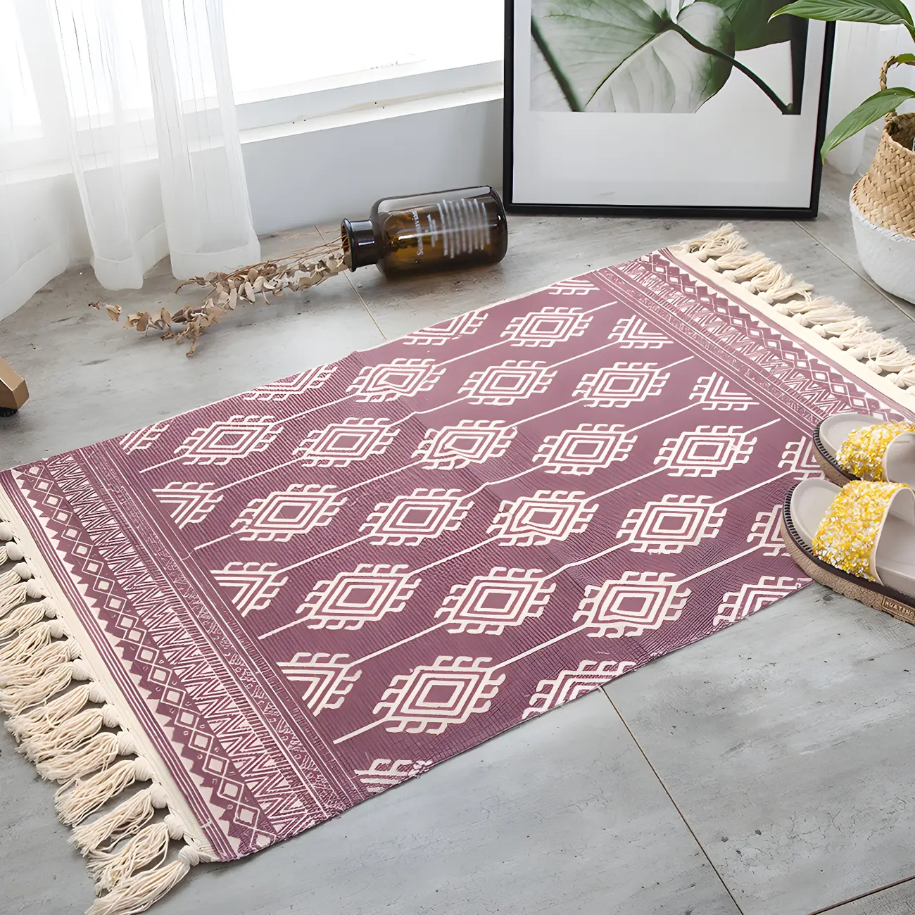 Stylish Bohemian Tropical Cotton Rectangle Fringe Area Rug Image - 1 | homeyfad