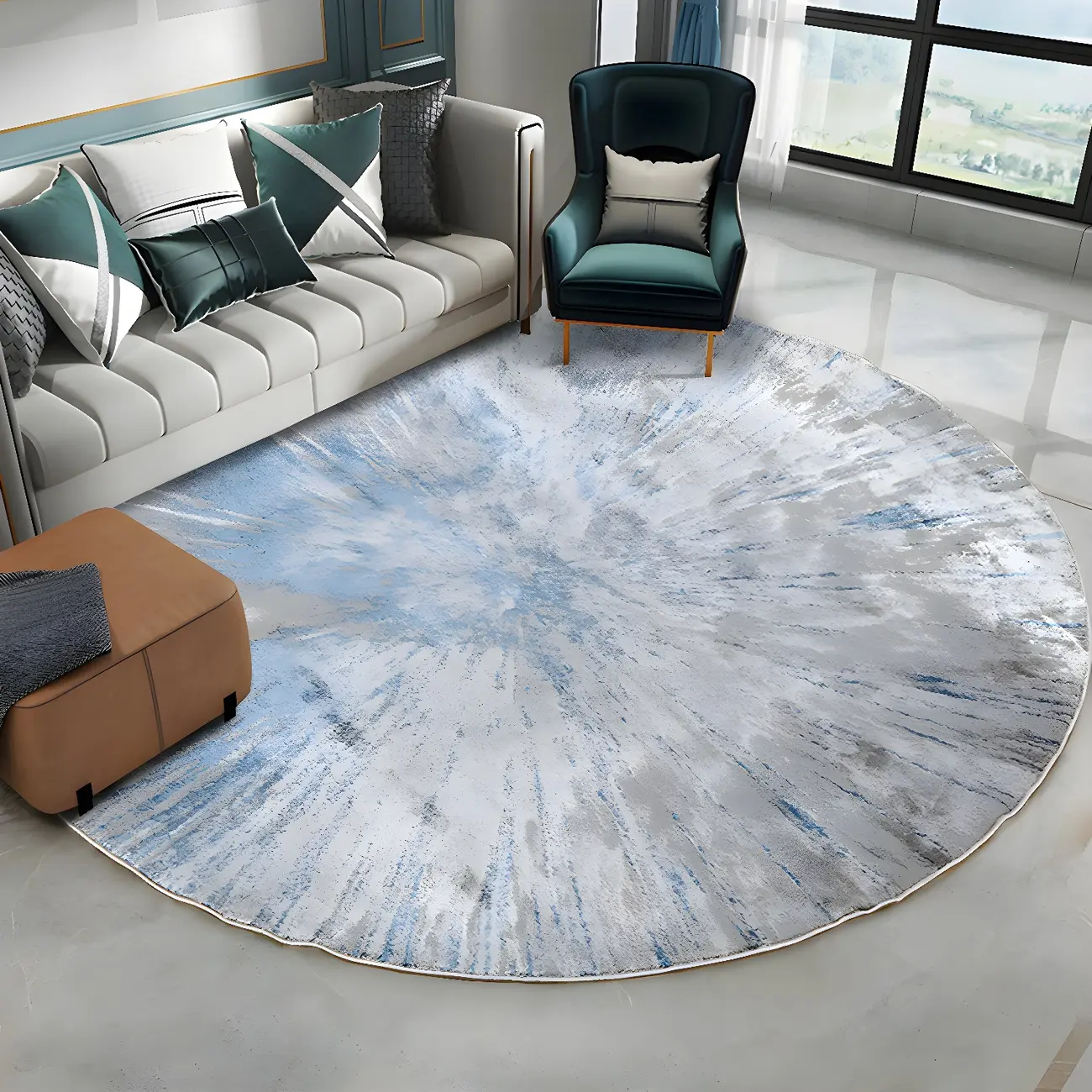 Industrial Polyester Round Area Rug with Ikat Pattern Image - 1 | homeyfad