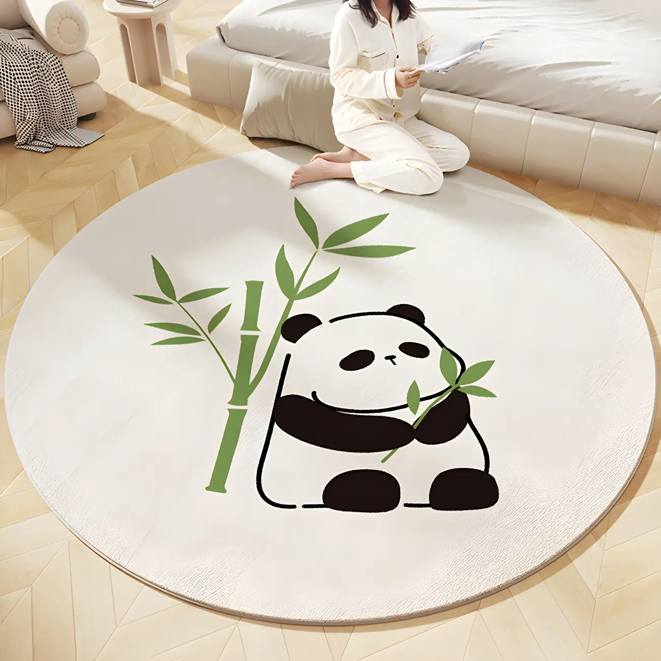 Modern Shearling Panda Pattern Round Area Rug Image - 2 | homeyfad