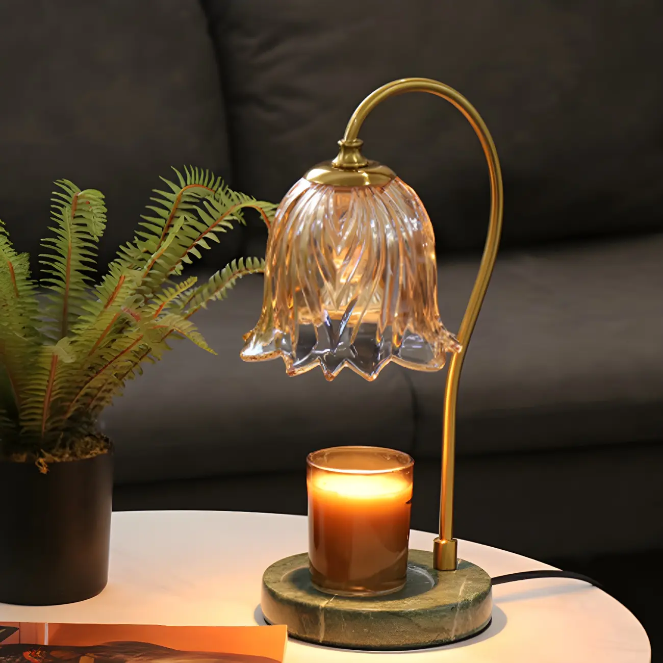 Elegant Glass Floral Bedside Lamp with Cup Holder Base Image - 1 | homeyfad