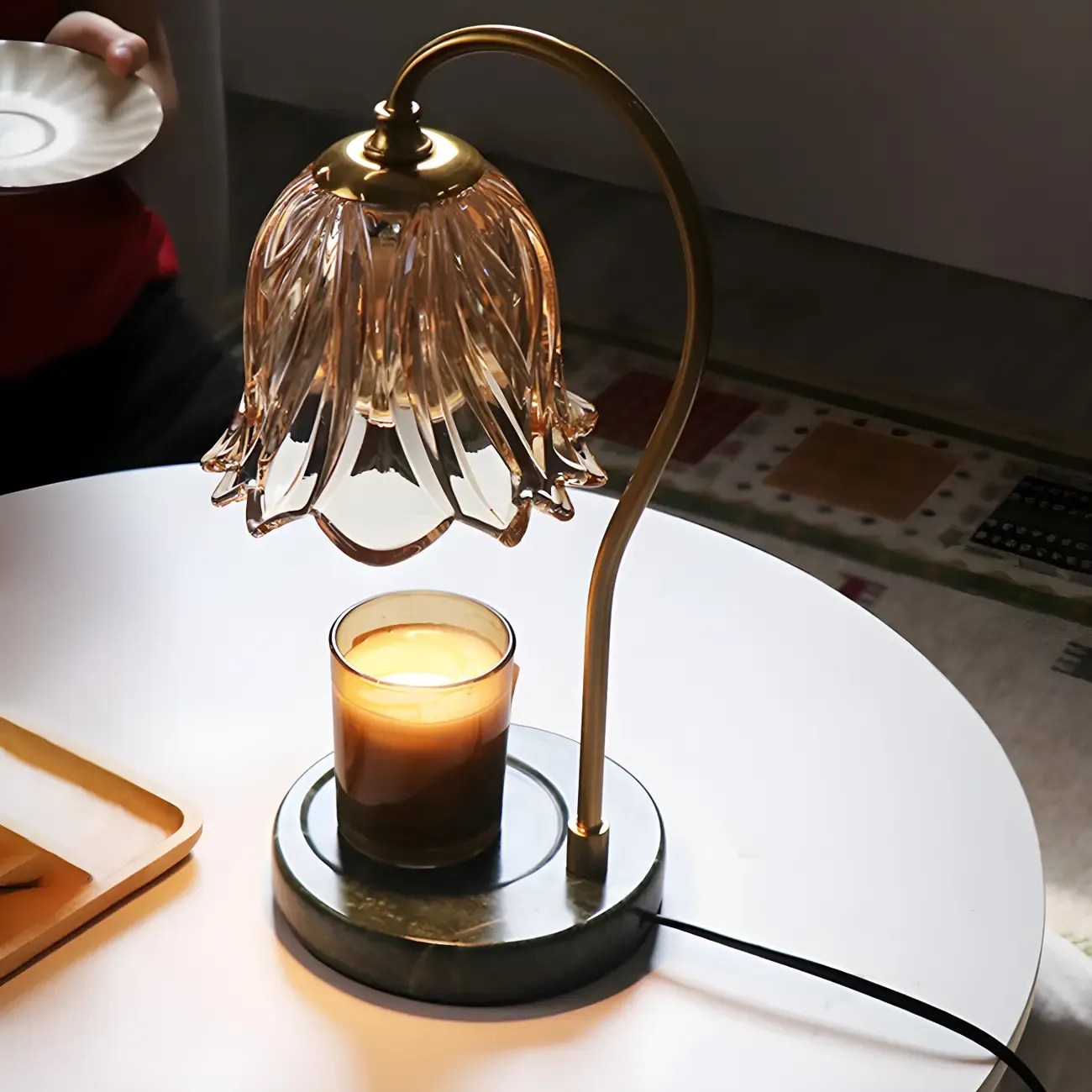 Elegant Glass Floral Bedside Lamp with Cup Holder Base Image - 3