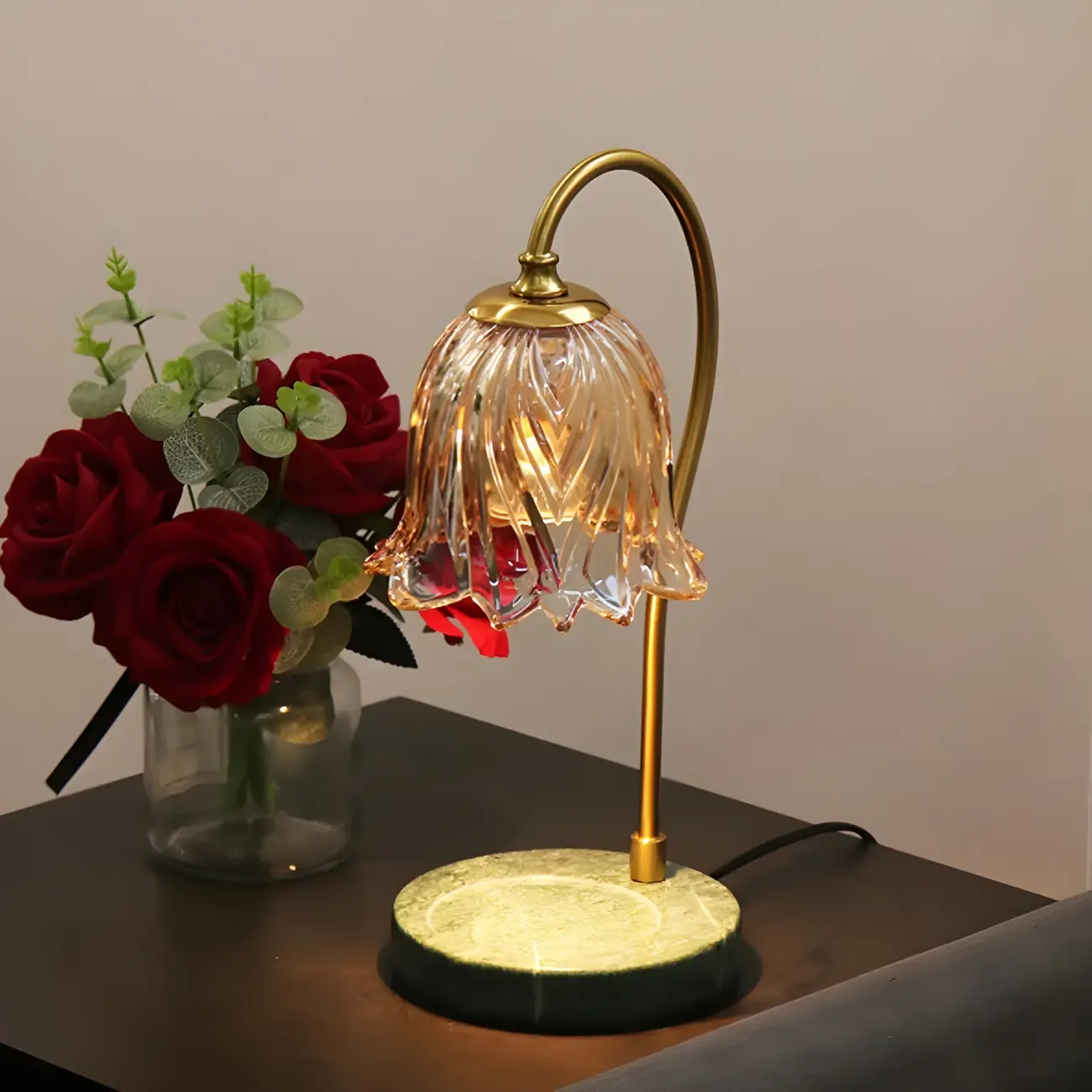 Elegant Glass Floral Bedside Lamp with Cup Holder Base Image - 5