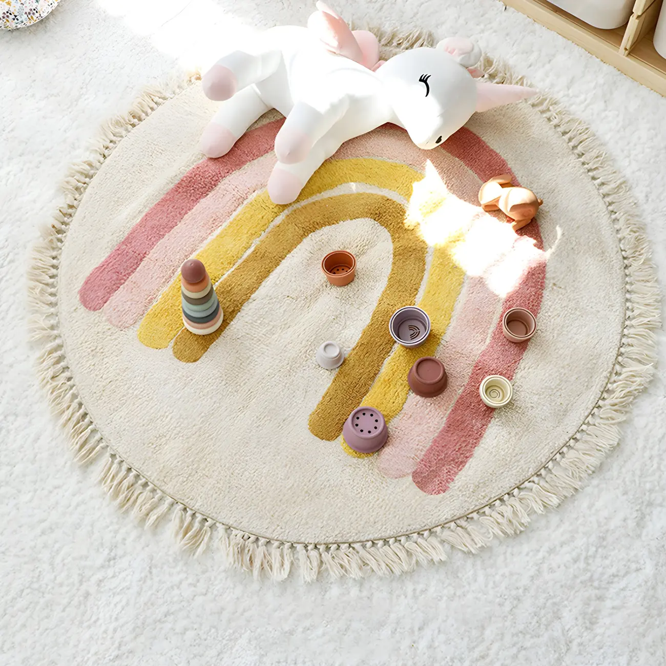 Kids Polyester Striped Pattern Round Area Rug with Fringe Image - 1 | homeyfad