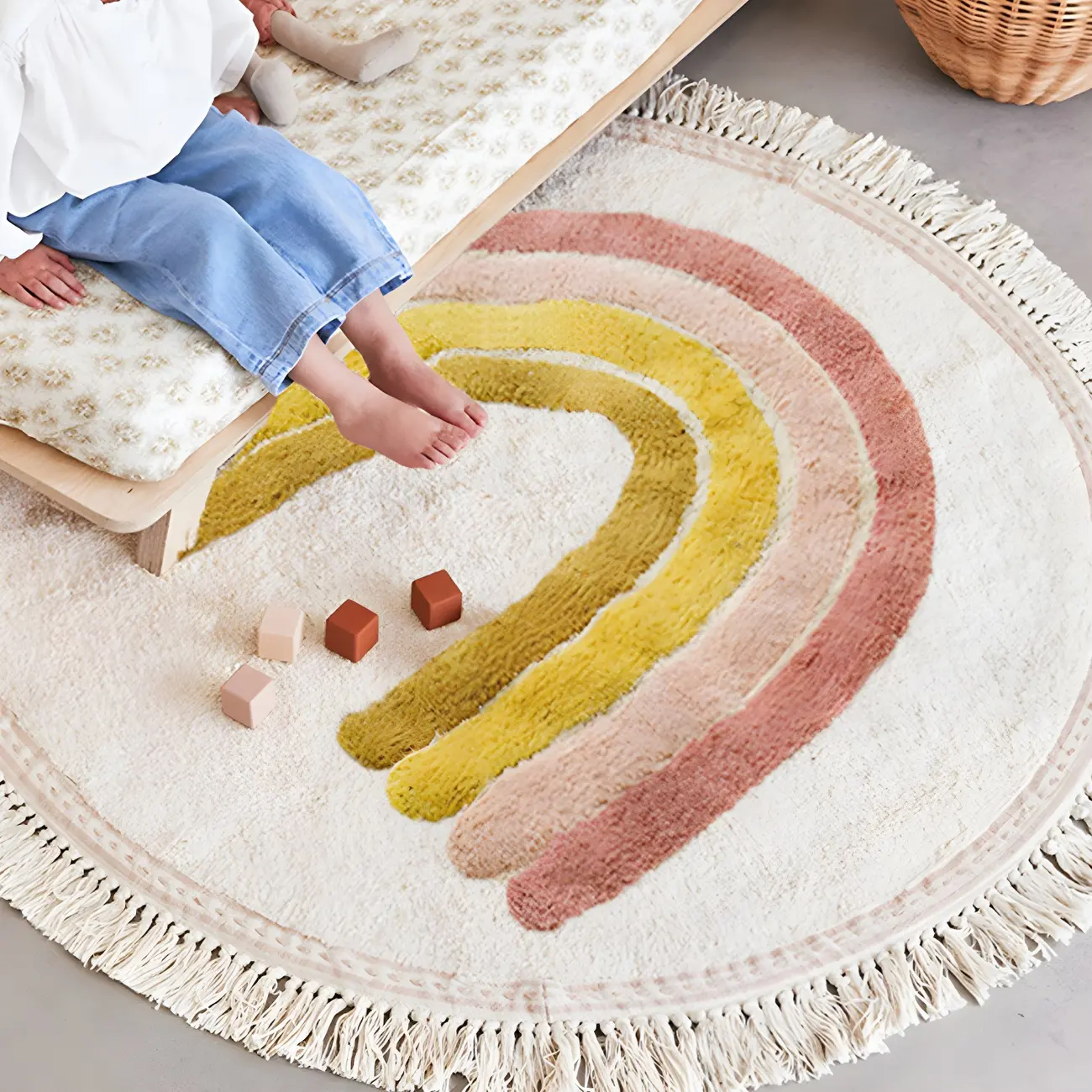 Kids Polyester Striped Pattern Round Area Rug with Fringe Image - 2 | homeyfad