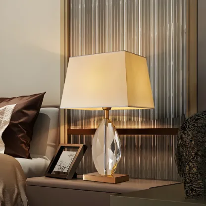 Luxury Crystal Bedside Lamp Beige Rectangle Shade Image - 1