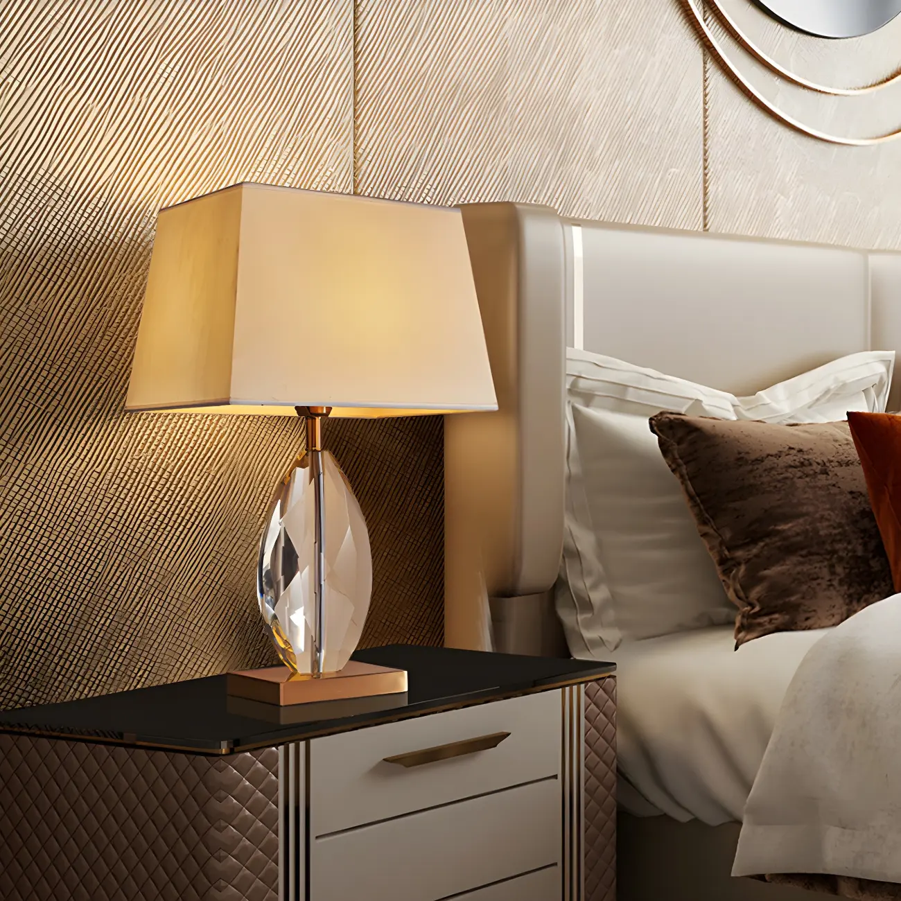 Luxury Crystal Bedside Lamp Beige Rectangle Shade Image - 3 | homeyfad